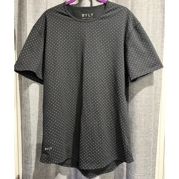 BYLT Shirt Mens Large Black T-Shirt Drop Cut Grey Polka Dot Lux Stretch Gym - Picture 1 of 8